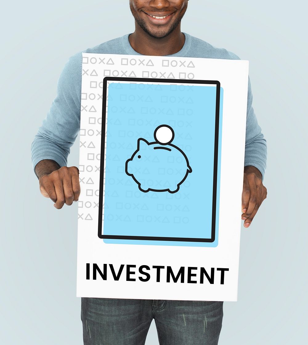 Man holding banner with illustration of economy financial planning piggy bank