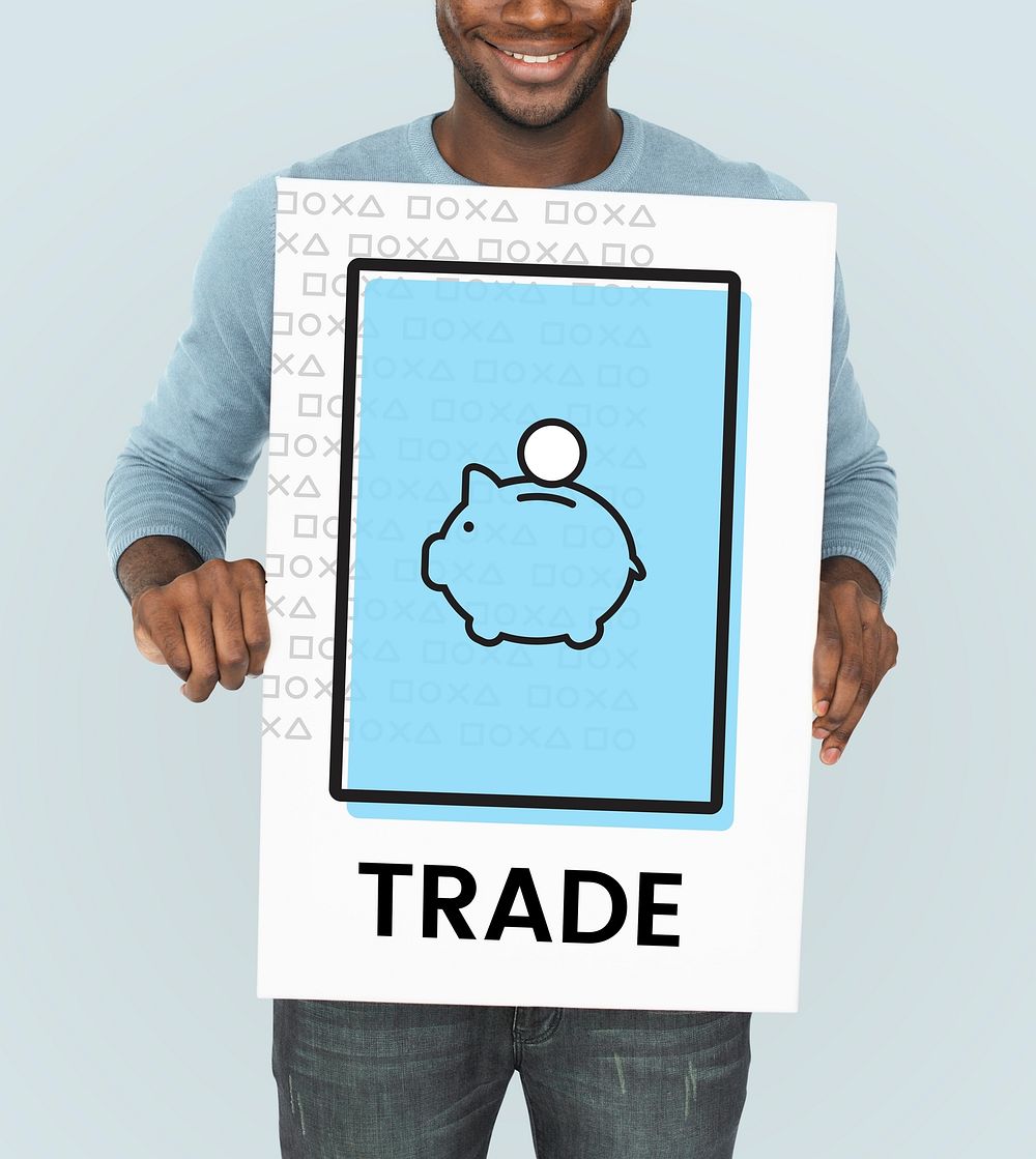 Man holding banner with illustration of economy financial planning piggy bank