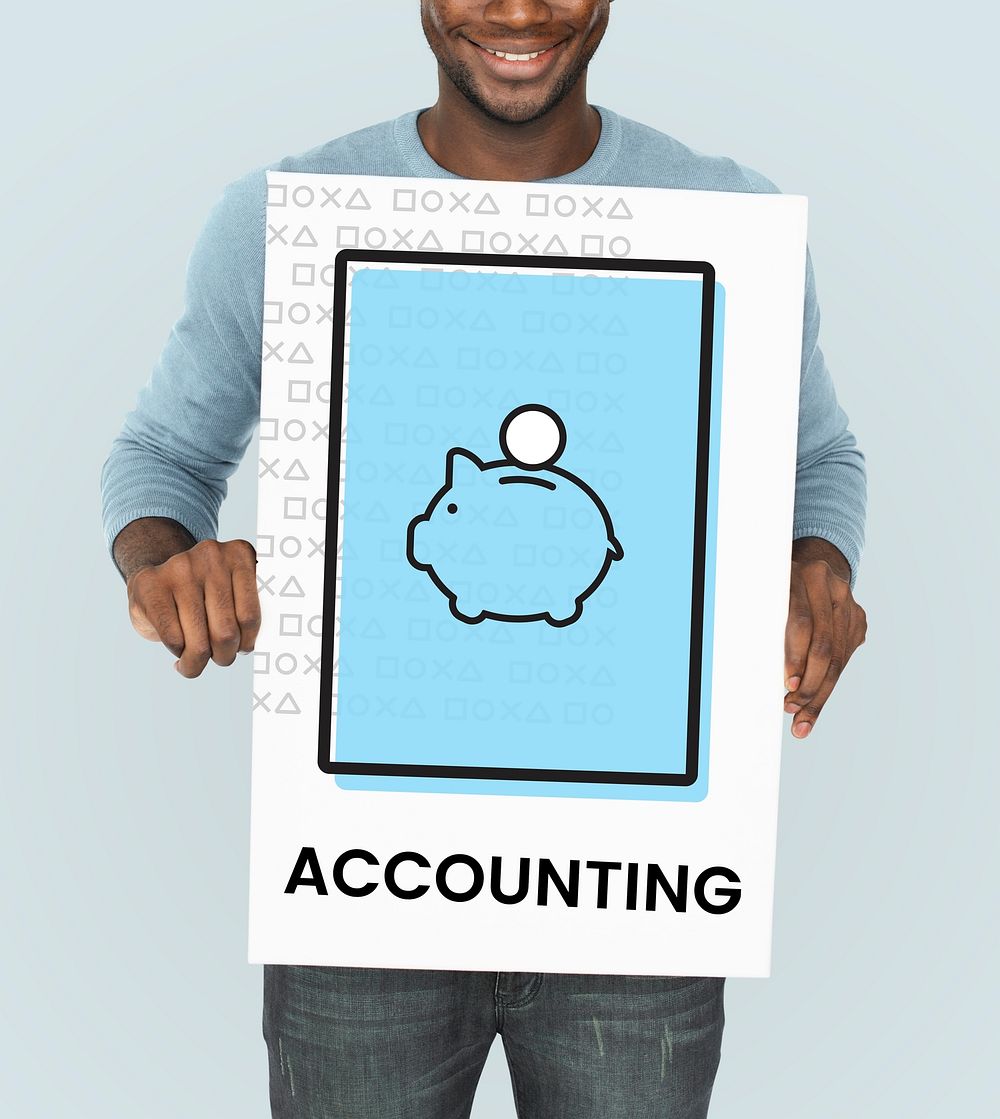 Man holding banner with illustration of economy financial planning piggy bank