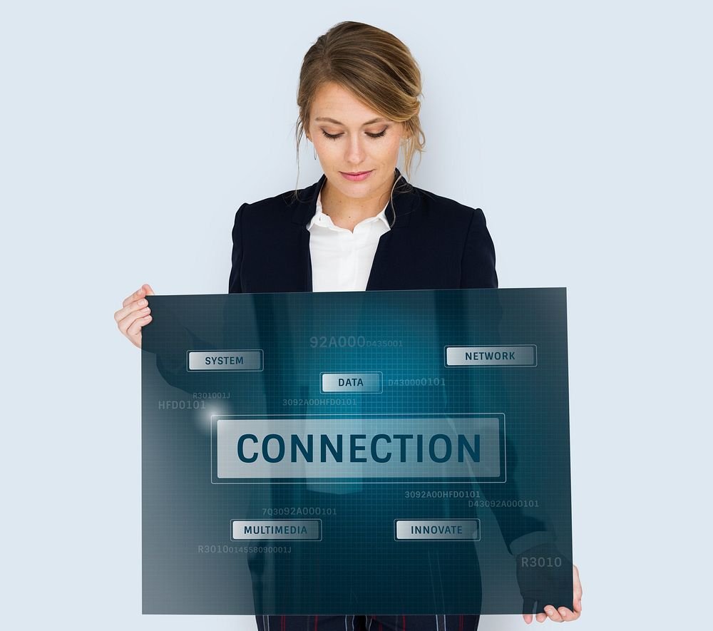 Woman holding banner of global communication connection technology
