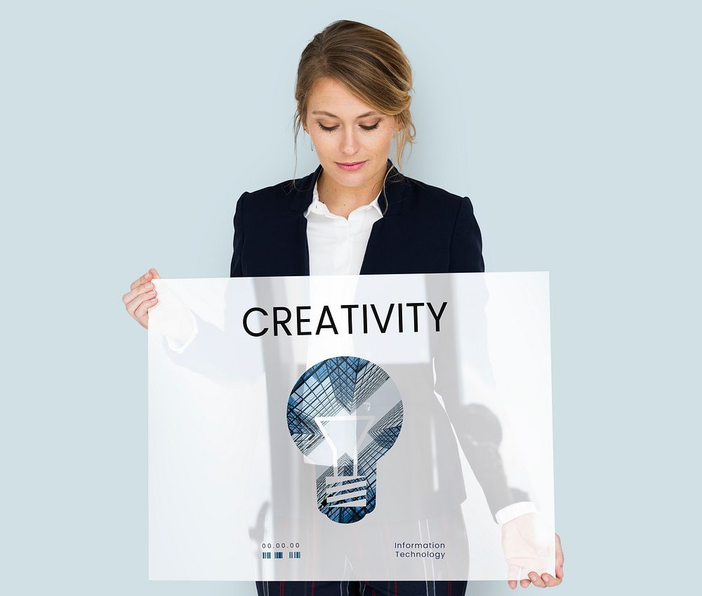Woman holding banner of creative ideas digital technology light bulb