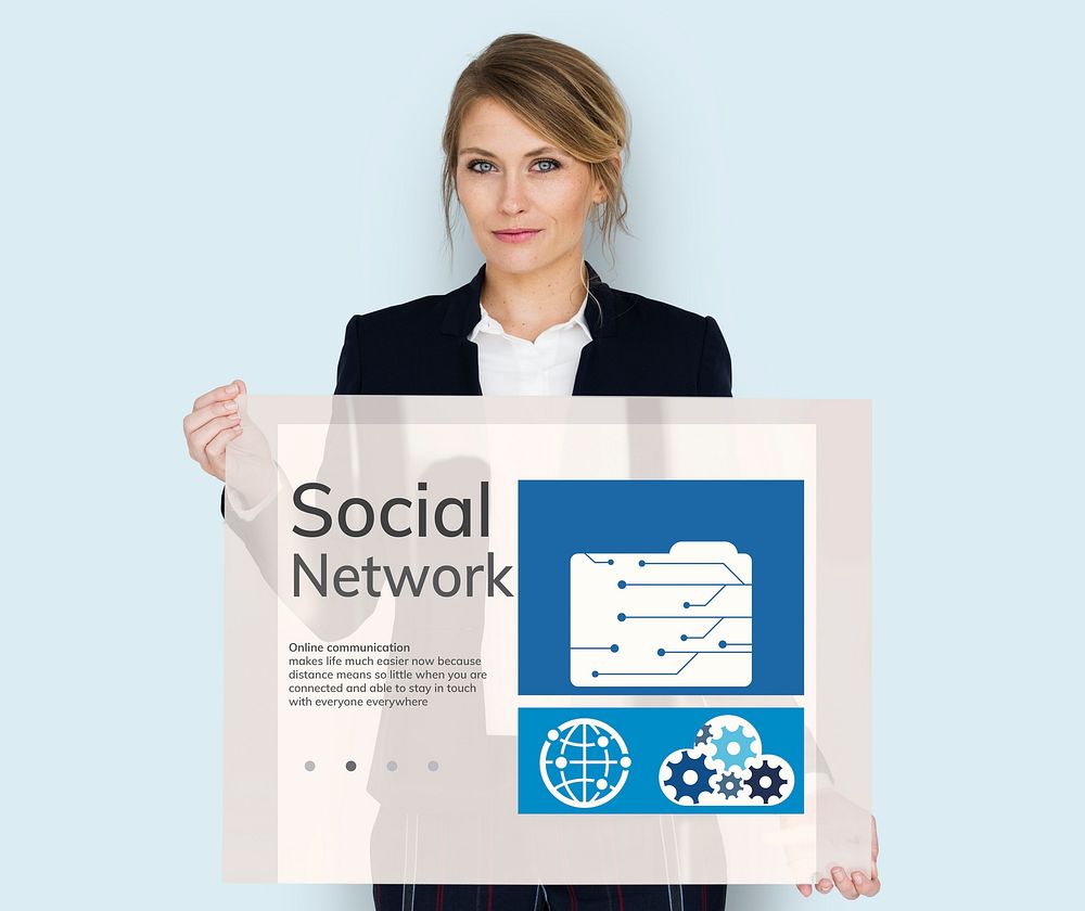 Woman holding network graphic overlay billboard