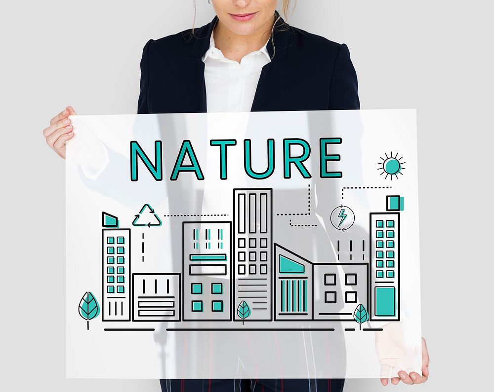 Woman holding placard with building urban eco friendly