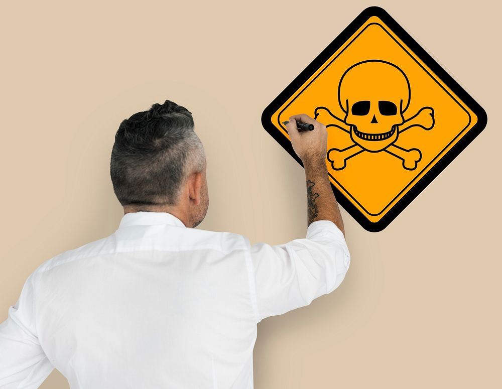 Studio Senior Man Shoot Poison Danger Sign Attention Banner
