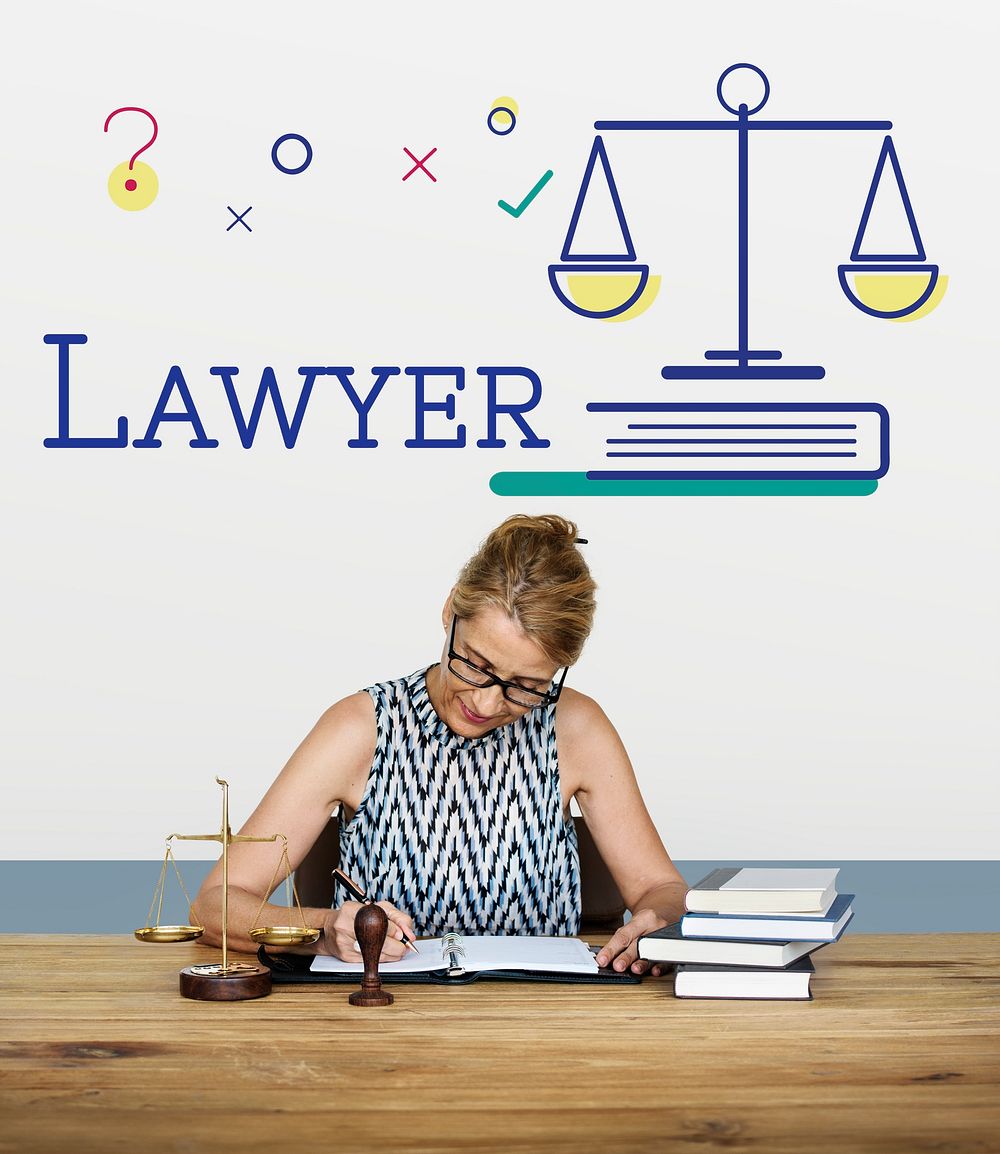 Woman lawyer sitting working with scale graphic icon