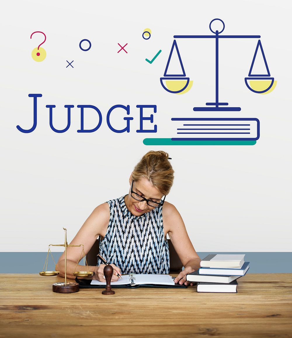 Woman lawyer sitting working with scale graphic icon