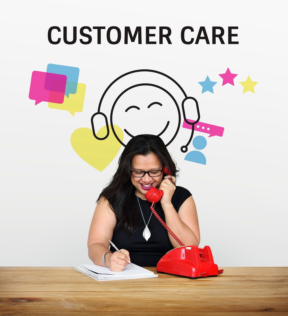 Woman with illustration of contact us online customer services