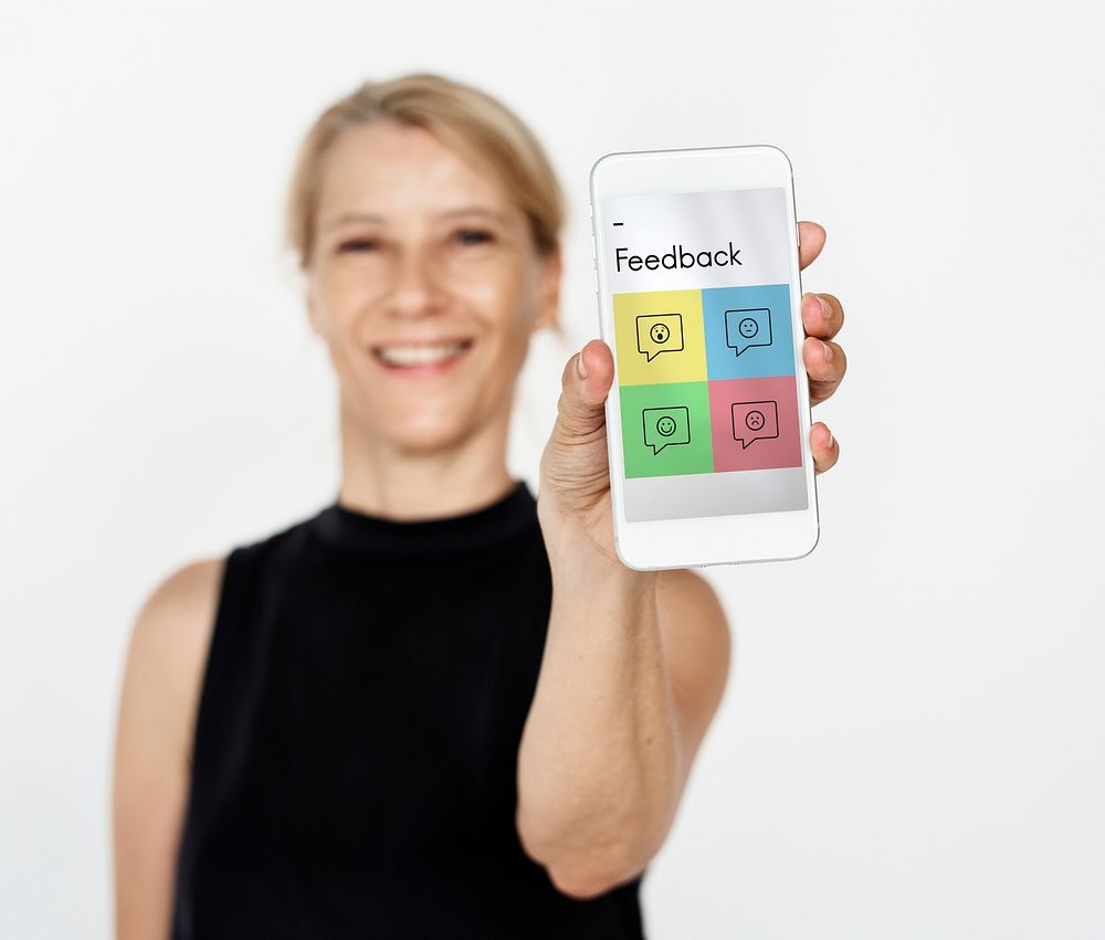 Woman holding network graphic overlay digital device