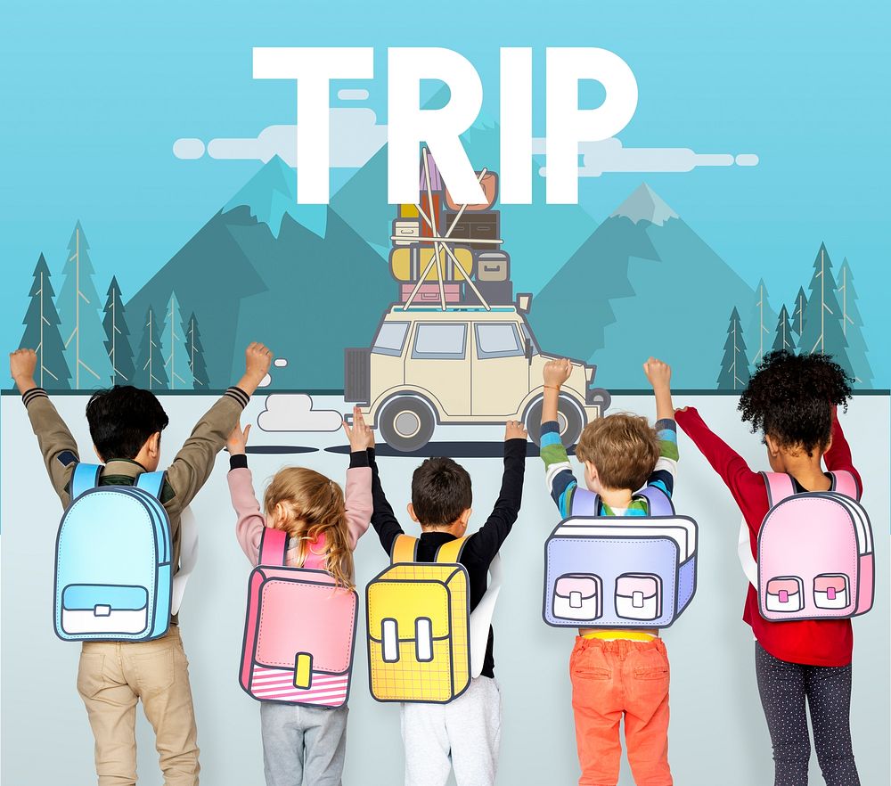 Children with illustration of discovery journey road trip traveling