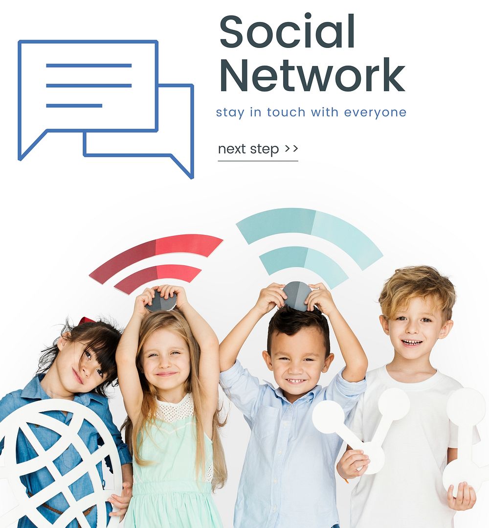 Children holding banner network graphic overlay background