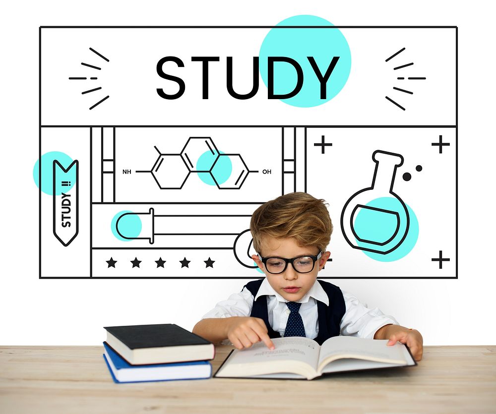 Little kid with illustration of science chemistry experiment study