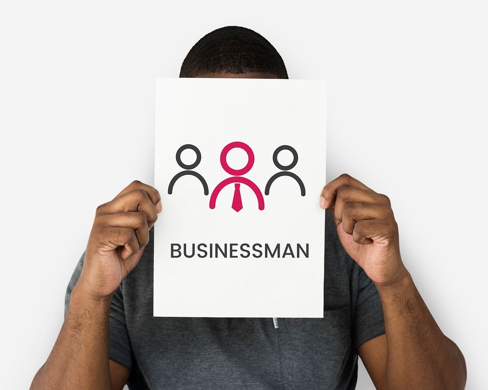 Man holding banner of leadership business organization graphic cover his face