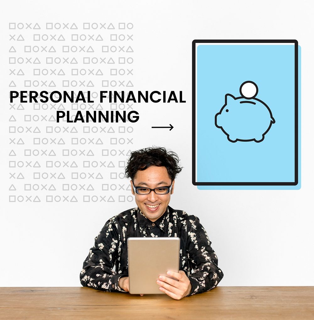 Man using digital tablet with illustration of economy financial planning piggy bank