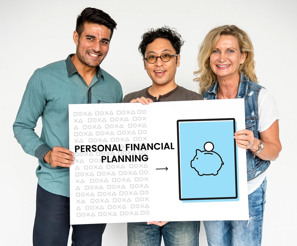 Group of people with illustration of economy financial planning piggy bank
