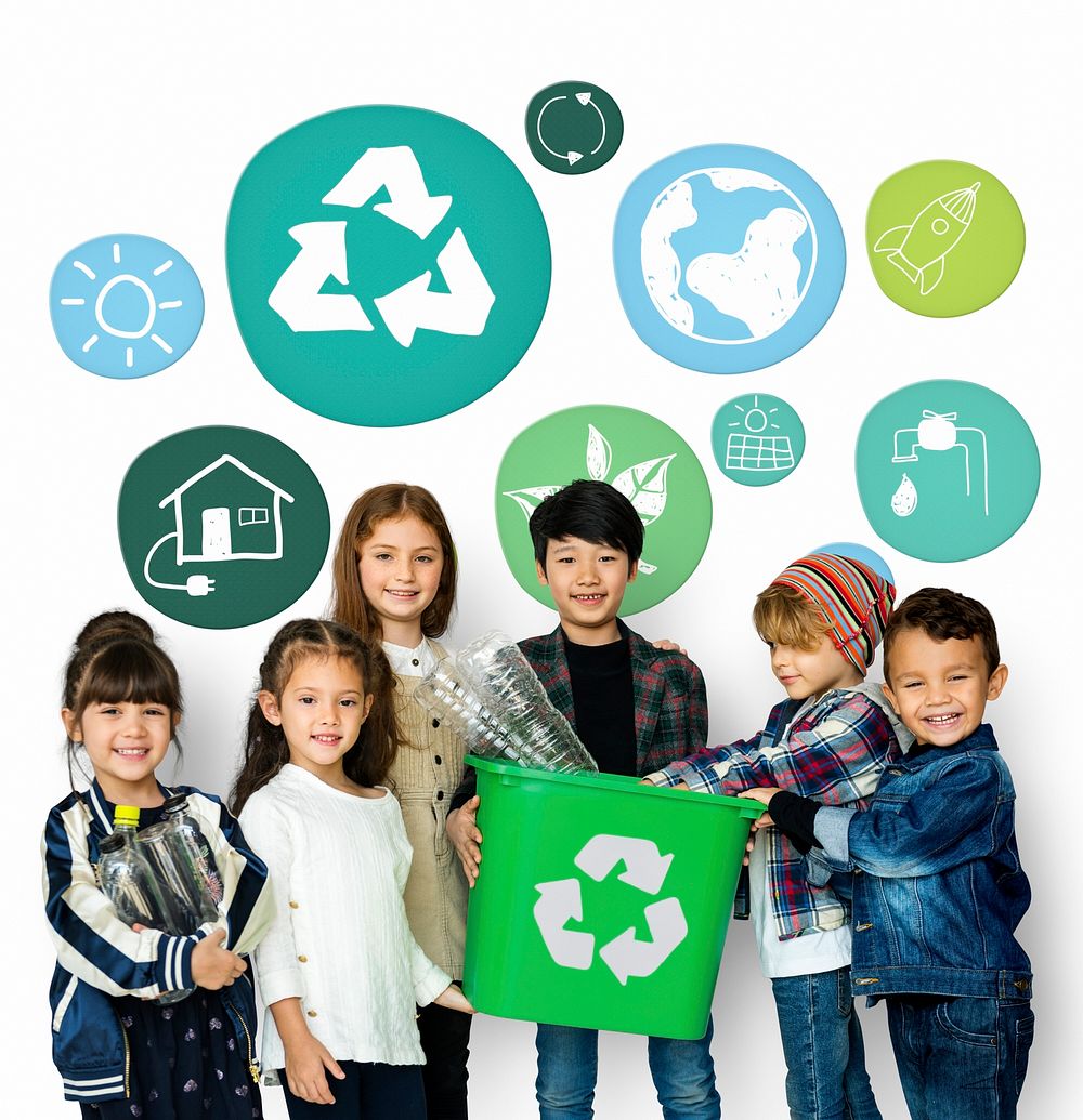 Little Kids with Recycle Sign Eco Friendly Save Earth Word Graphic