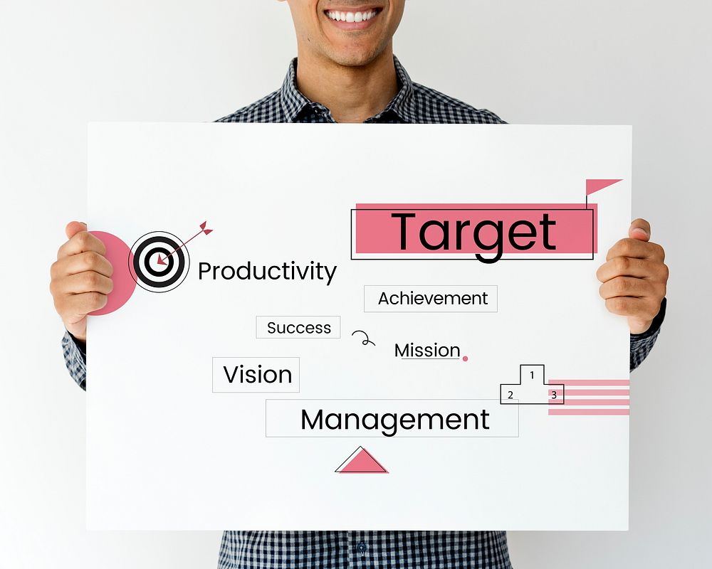Smiling man holding a business diagram banner
