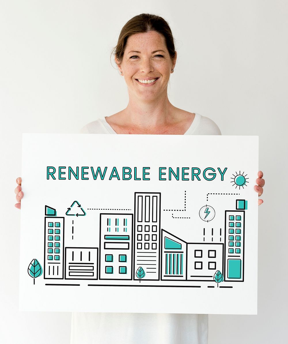 Woman holding placard with building urban eco friendly