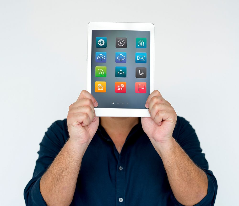 Man holding network graphic overlay digital device covering face