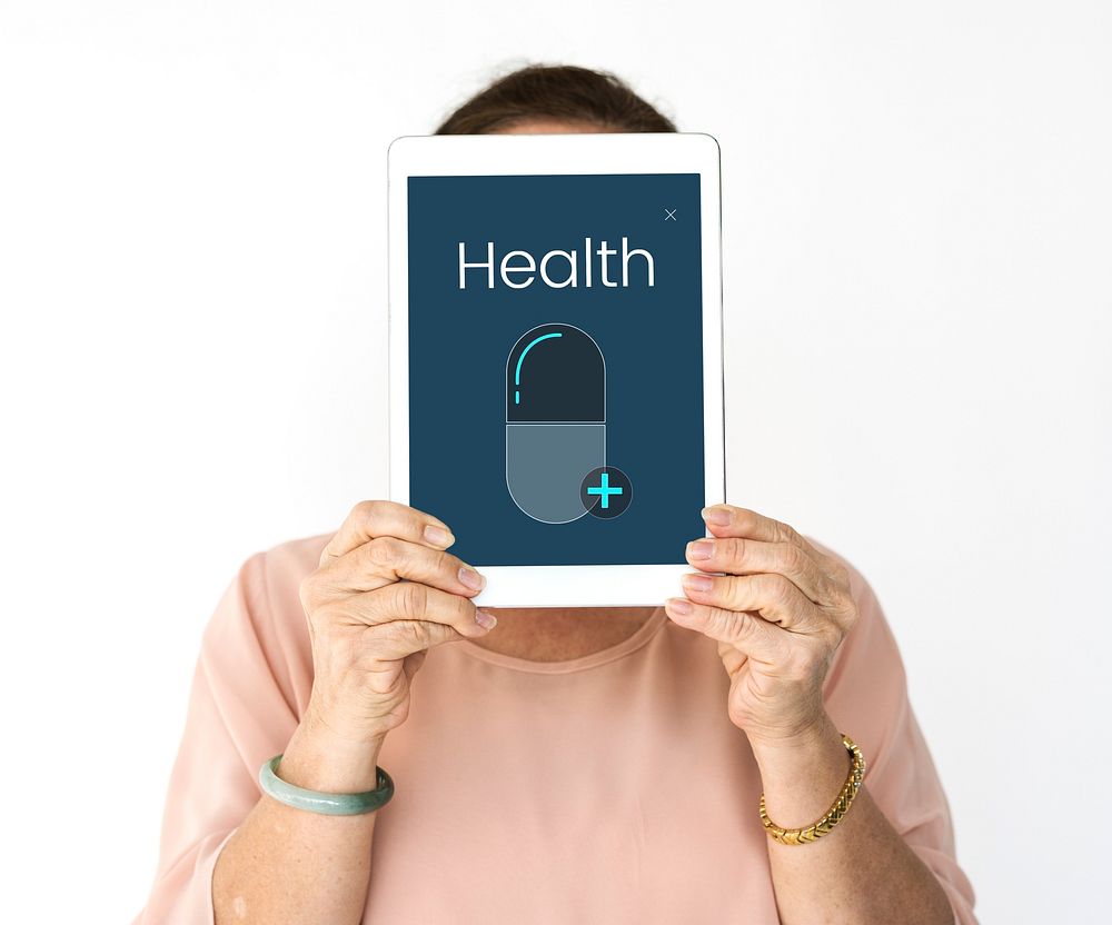 Woman holding digital device covering face network graphic overlay