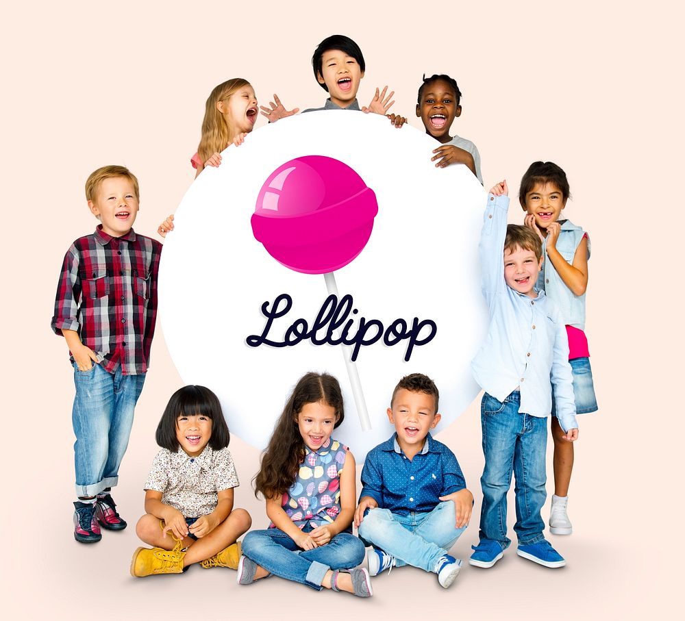 Children with illustration of sweet candy lollipop
