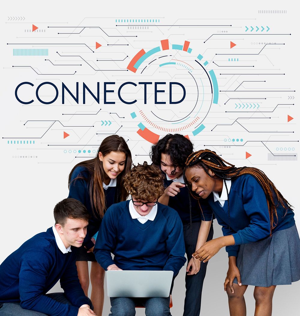 Group of students and digital device social connection