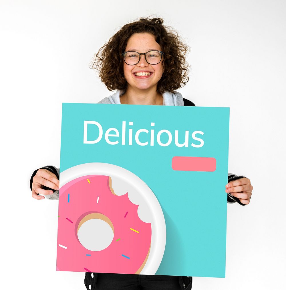 Young girl holding banner of sweet dessert donut pastry commercial illustration