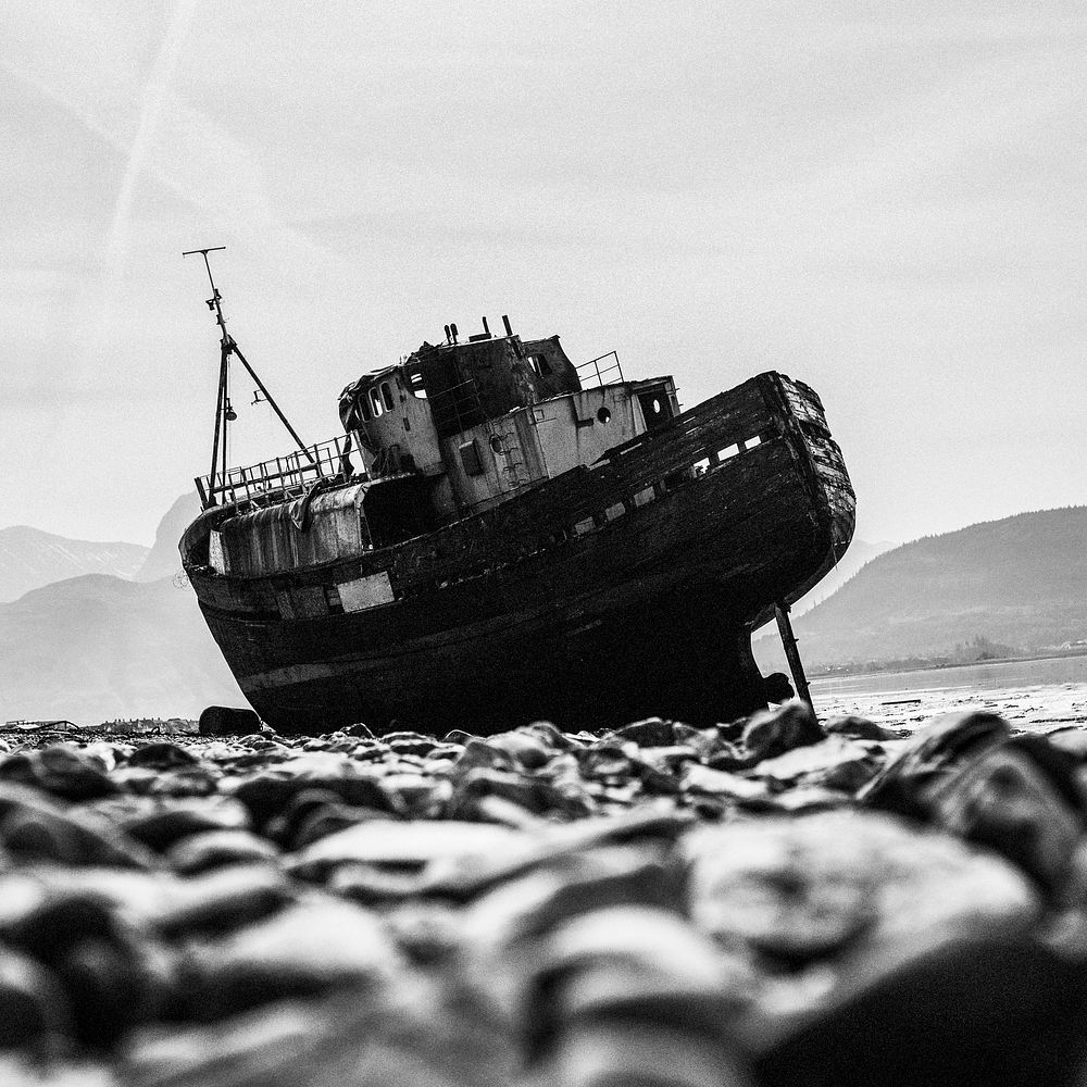 Old wrecked ship at coast of Fort William, Scotland