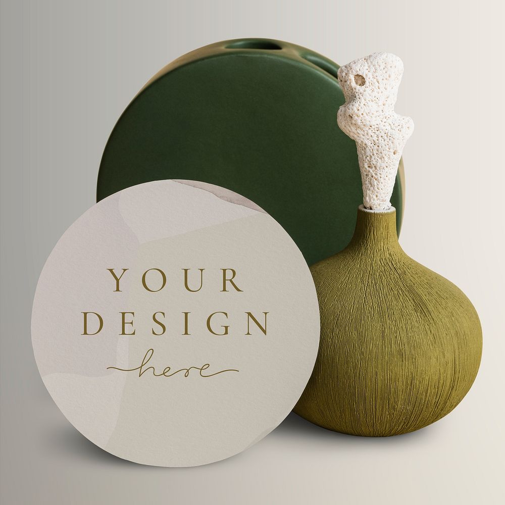 Round space mockup with craft green vase