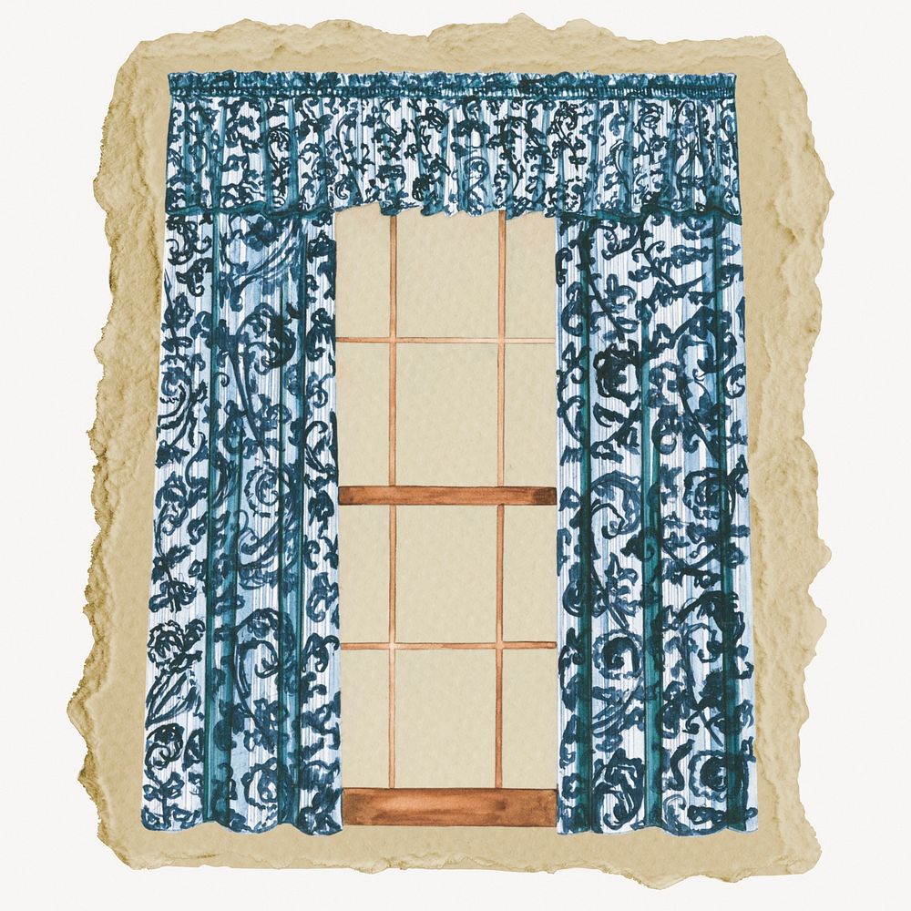 Window drapery, ripped paper collage element
