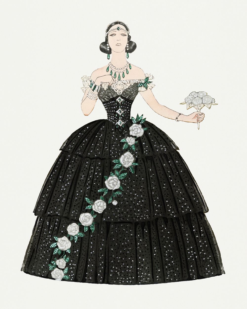 Woman in black Victorian dress 19th century fashion, remix from artworks by George Barbier