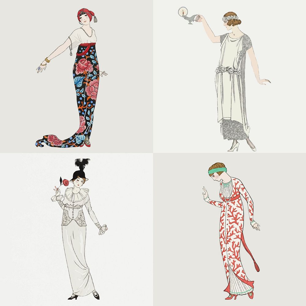 Vintage feminine summer fashion vector set, remix from artworks by George Barbier