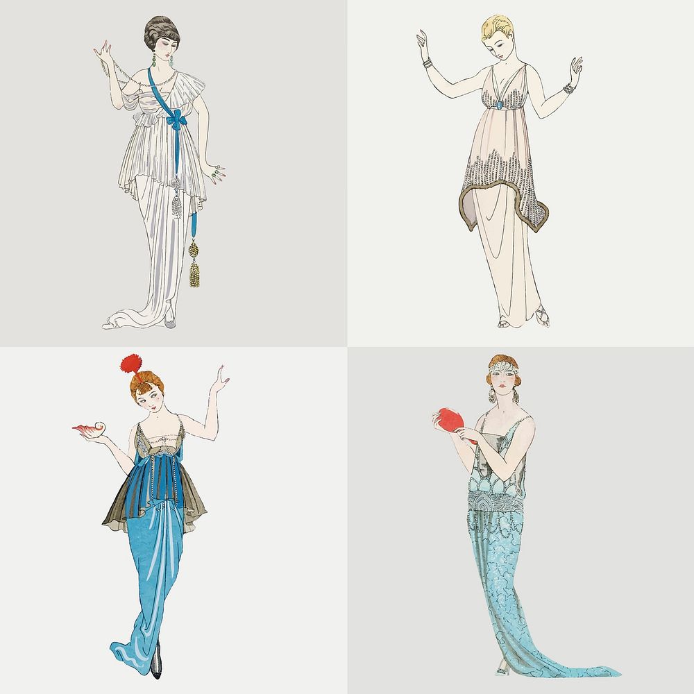 1920s women's fashion vector party dress set, remix from artworks by George Barbier