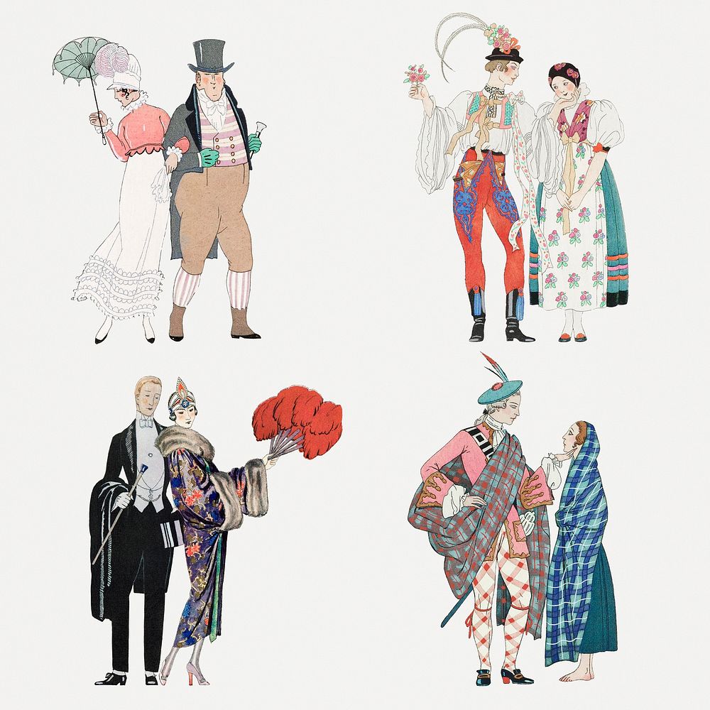 Traditional Parisian fashion set, remix from artworks by George Barbier