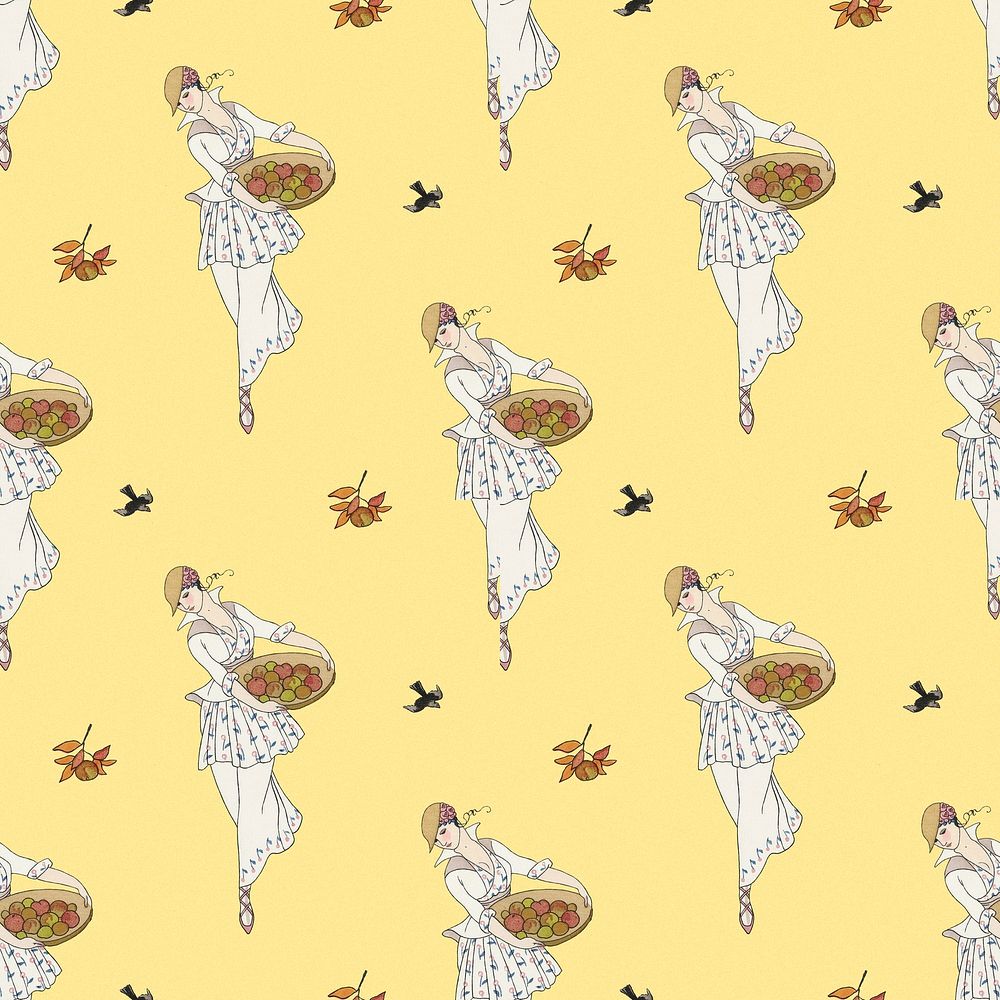 Woman picking apple background 1920's fashion, remix from artworks by George Barbier