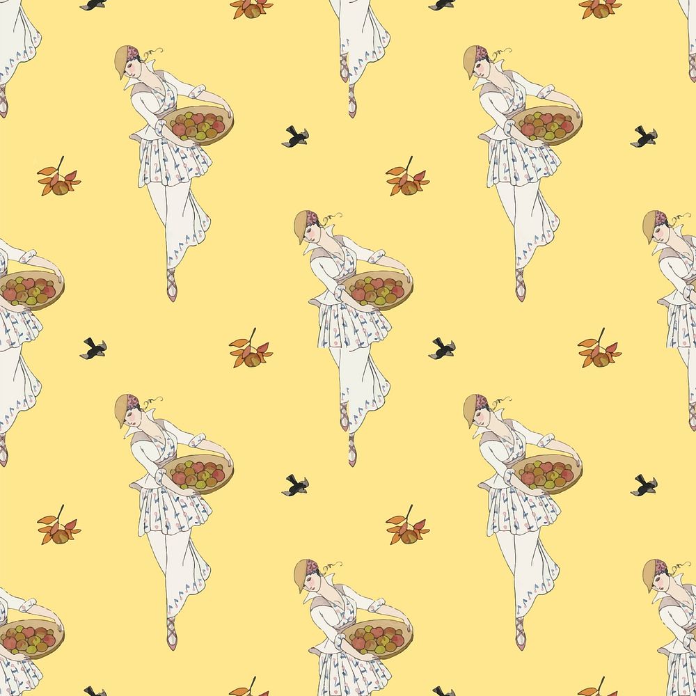 Woman picking apple background vector 1920's fashion, remix from artworks by George Barbier