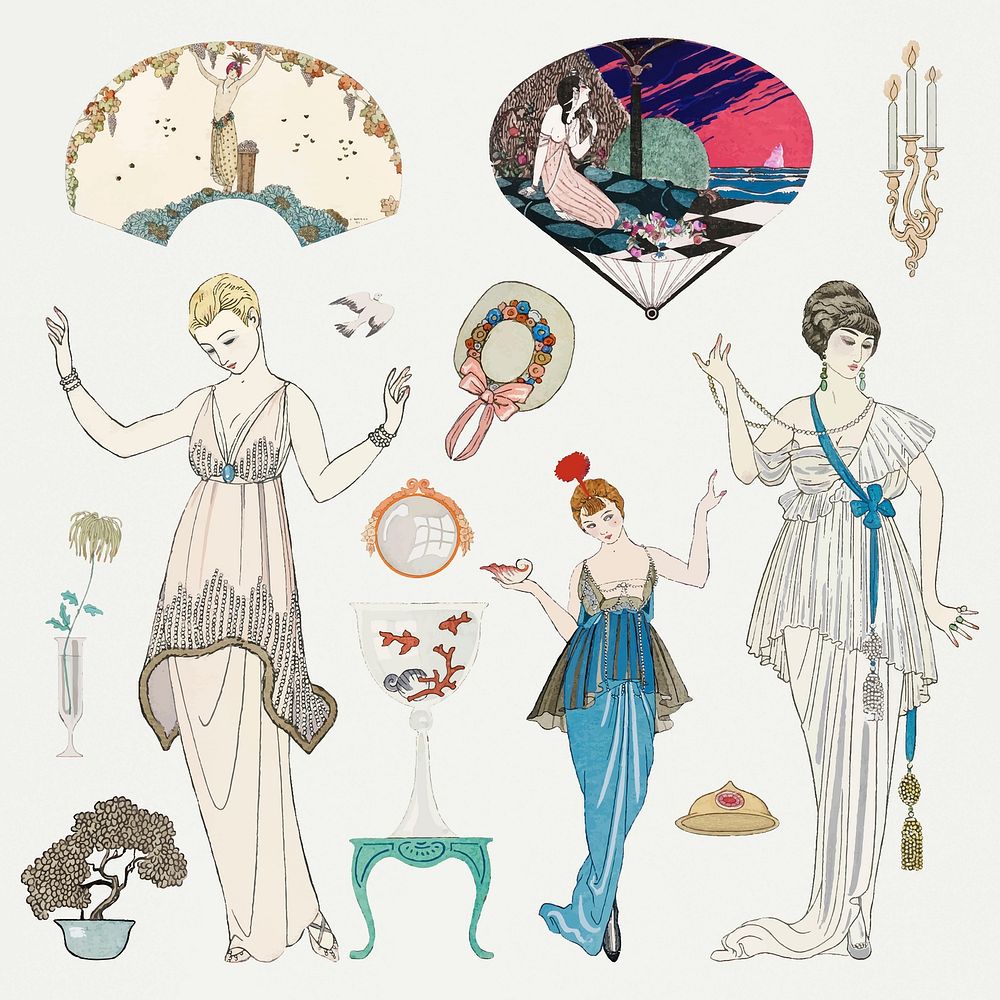 Vintage feminine fashion vector 1920's outfits, remix from artworks by George Barbier