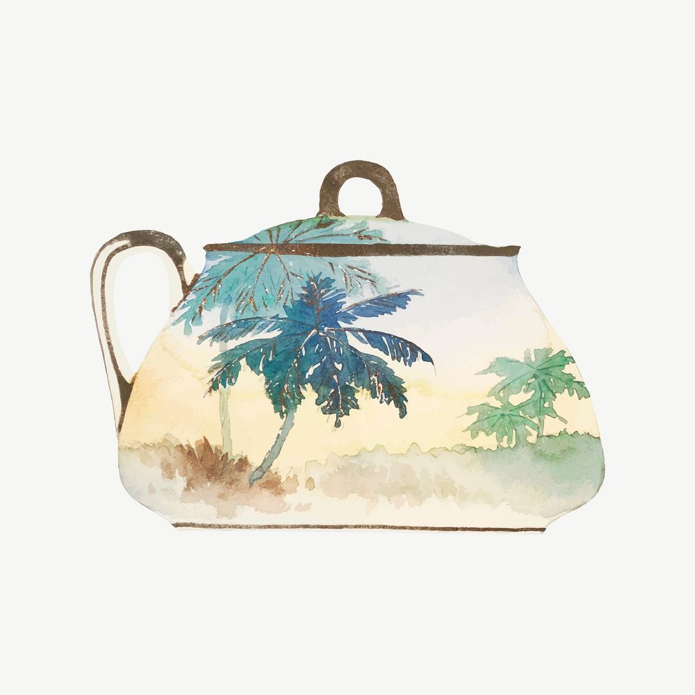 Vintage tropical tree sugar bowl vector, remixed from Noritake factory china porcelain tableware design