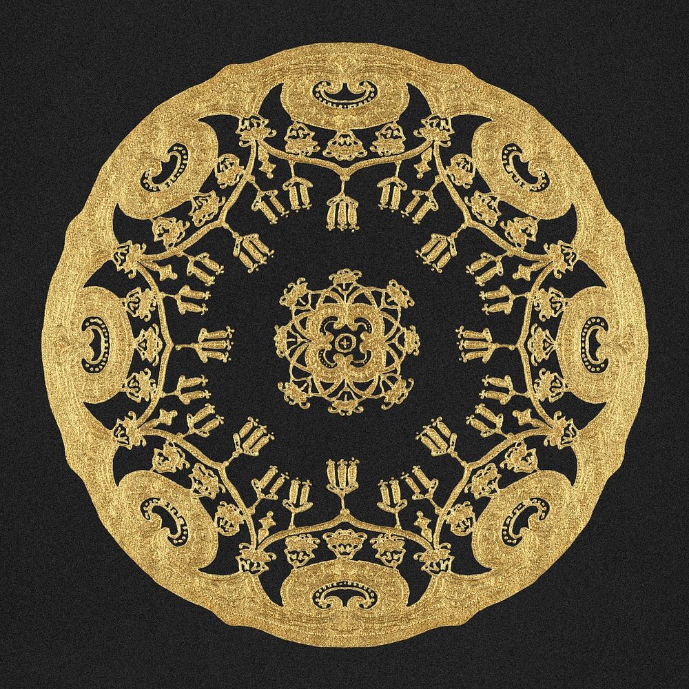 Vintage psd gold mandala ornament on black background, remixed from Noritake factory china porcelain tableware design