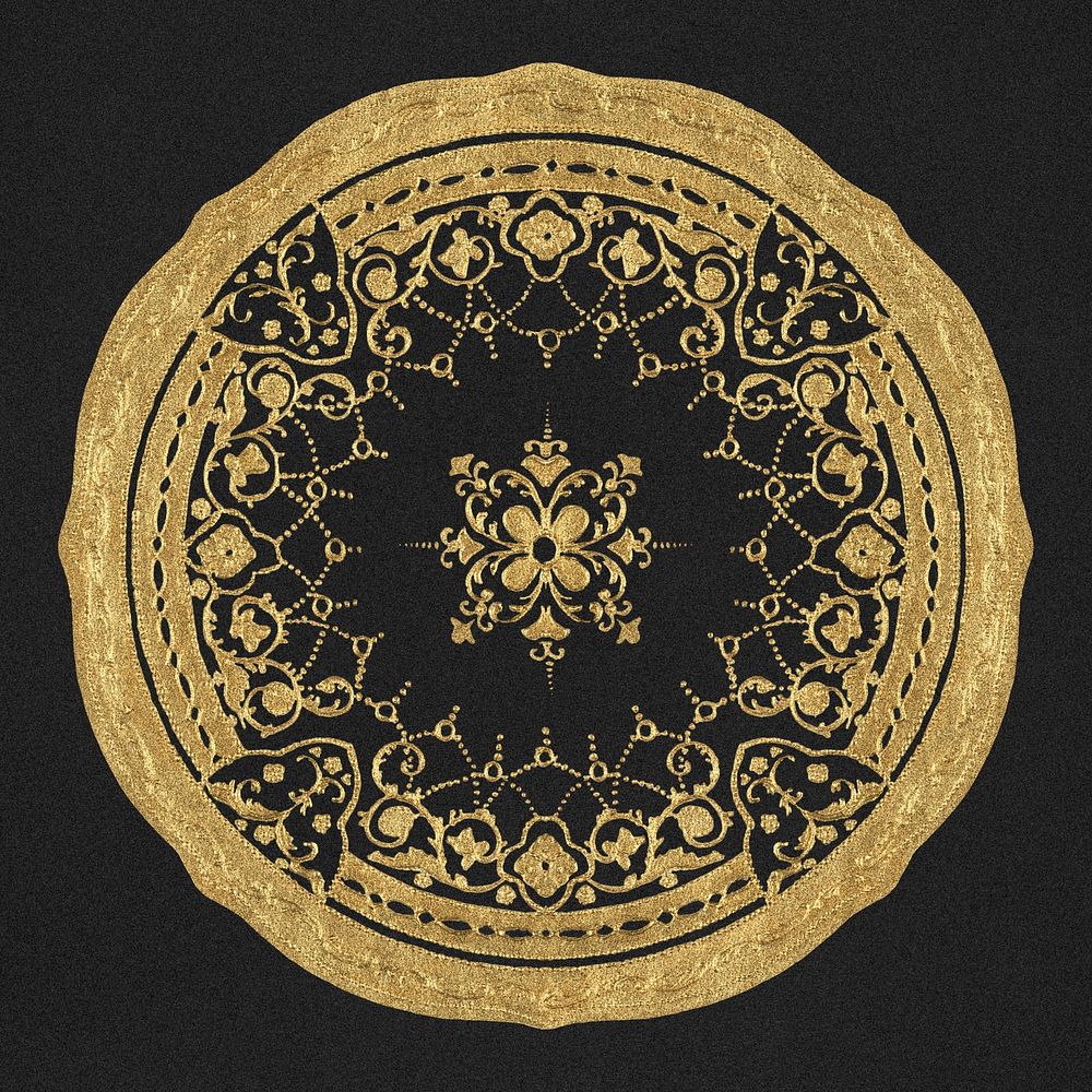 Vintage gold mandala pattern ornament on black background, remixed from Noritake factory china porcelain tableware design