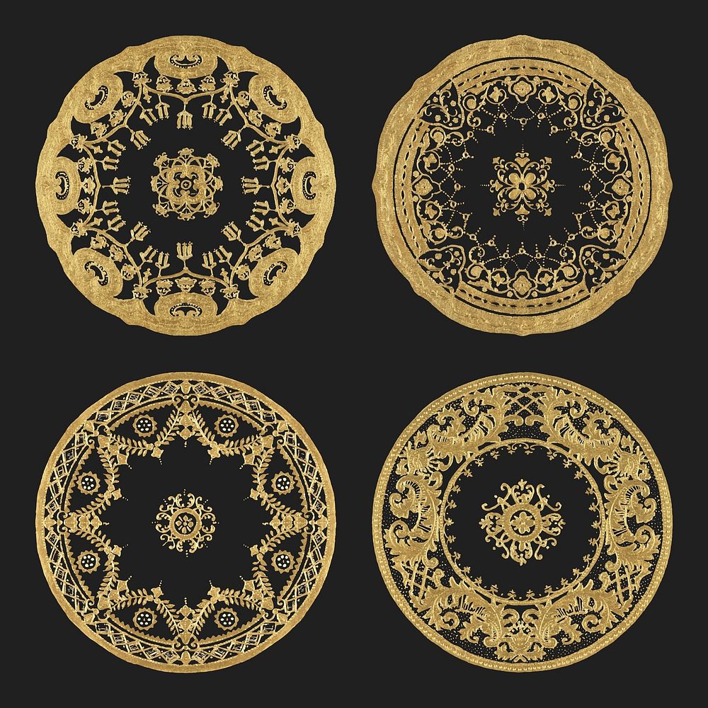 Vintage gold mandala pattern vector set on black background, remixed from Noritake factory china porcelain tableware design