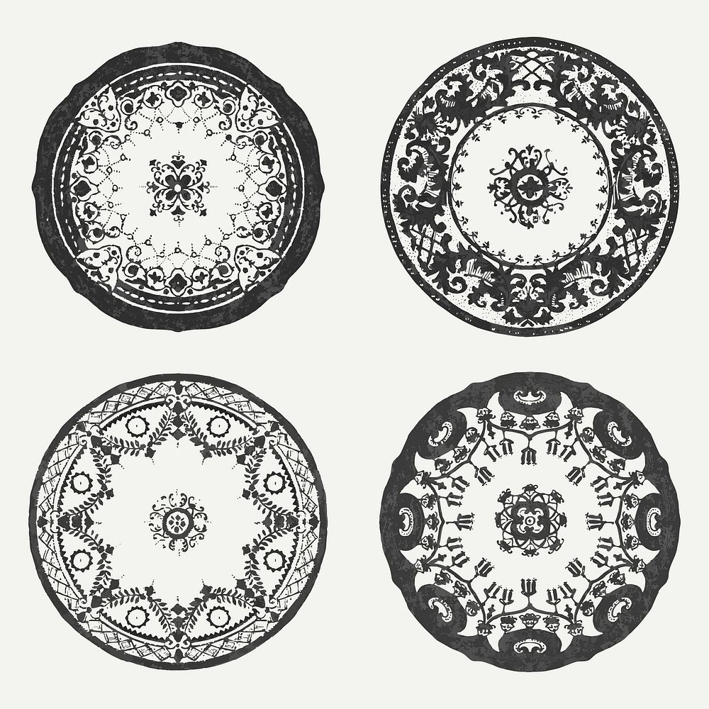 Vintage black and white mandala vector motif set, remixed from Noritake factory china porcelain tableware design