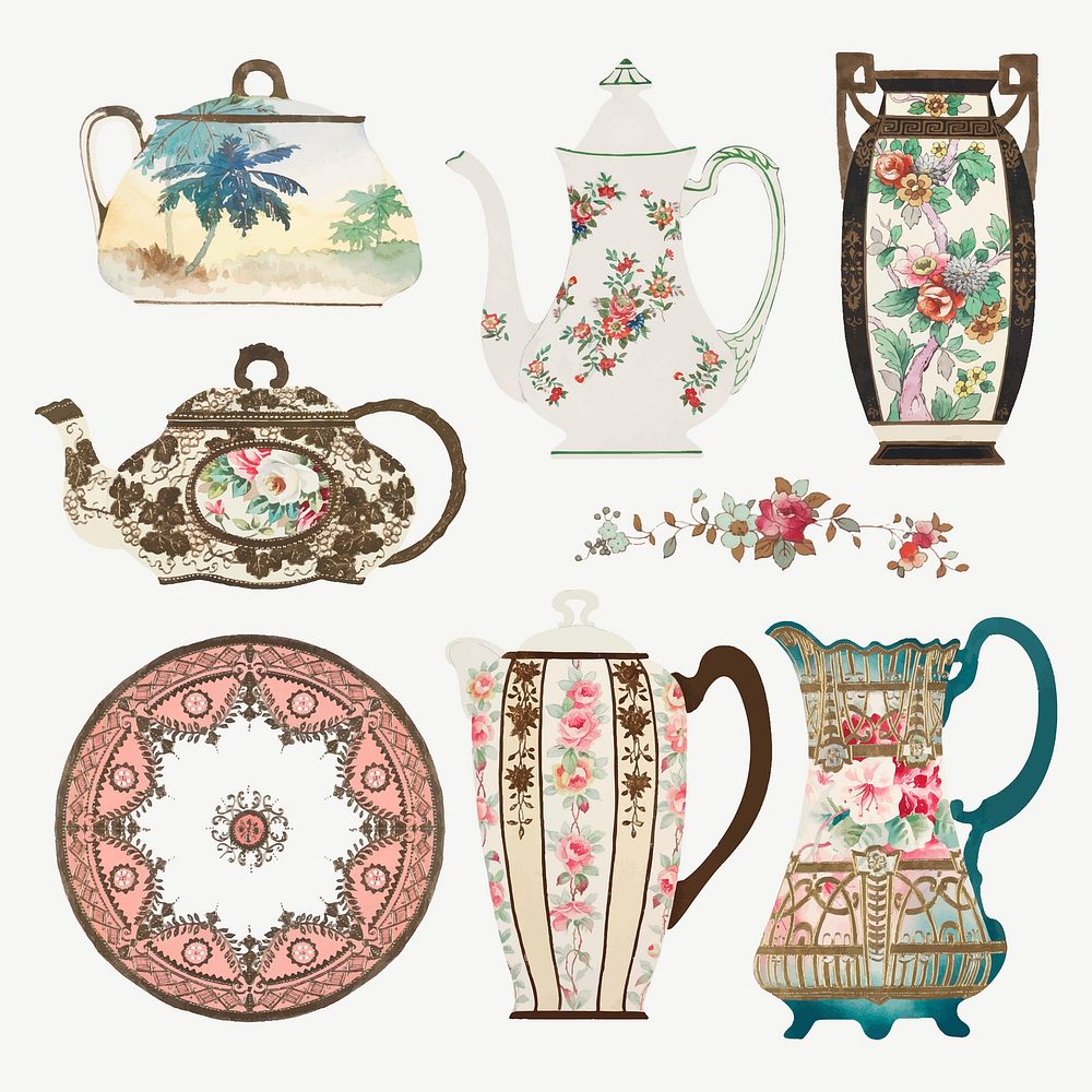 Vintage floral pattern tableware vector set, remixed from Noritake factory china porcelain design