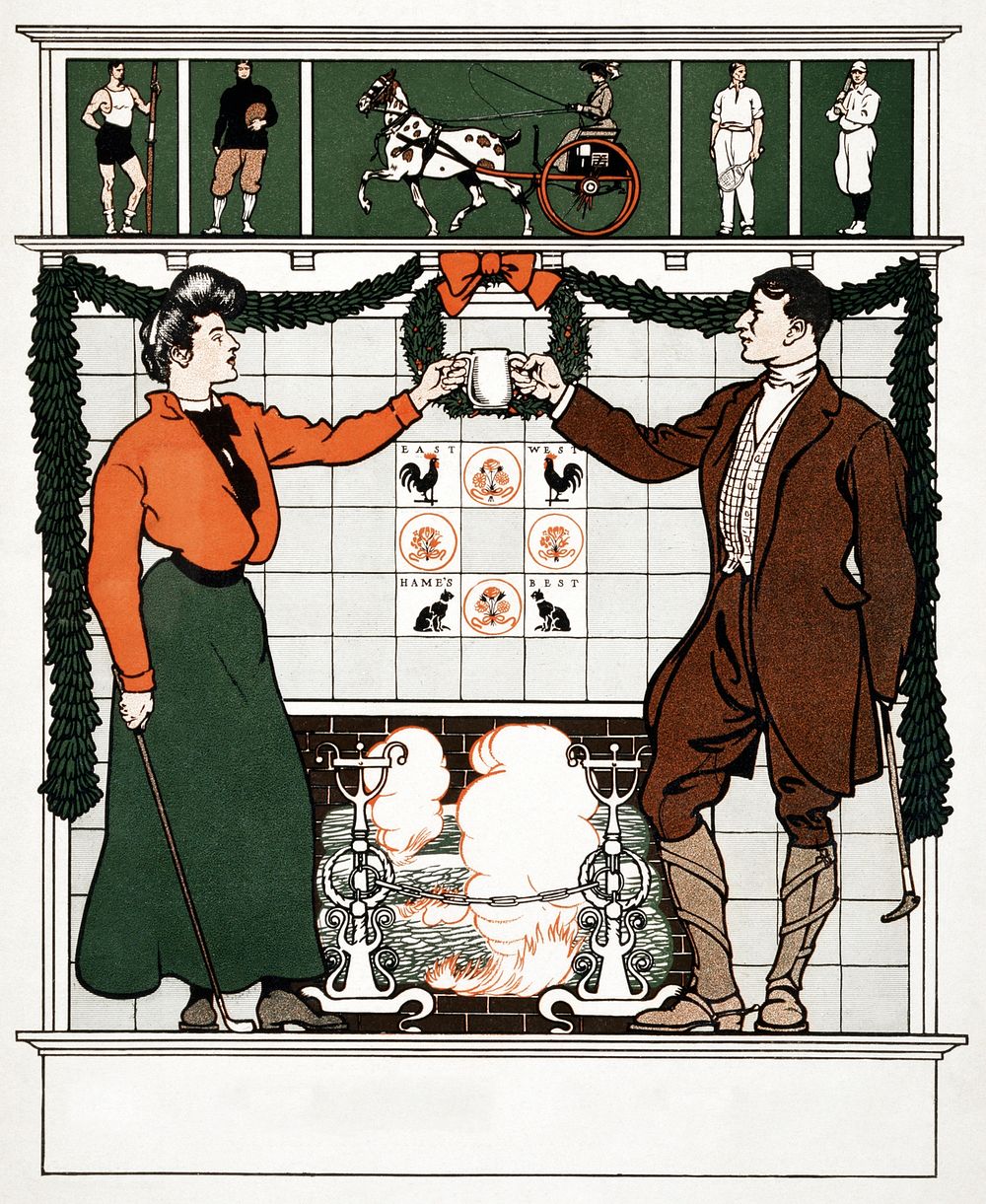 Vintage couple toasting on Christmas, remixed from artworks by Edward Penfield