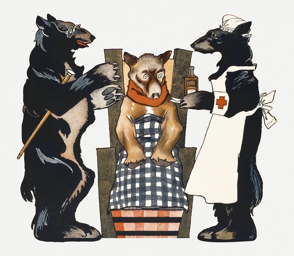 Bear doctor and nurse psd giving medication to patient, remixed from artworks by Edward Penfield
