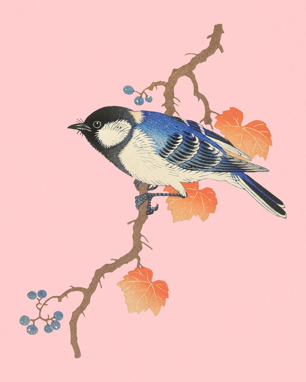 Vintage bird animal illustration, autumn season, remix from the artwork of Ohara Koson
