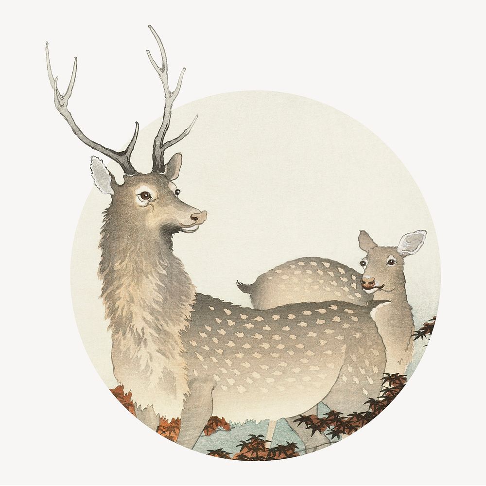 Ohara Koson's deers badge, famous painting remixed by rawpixel