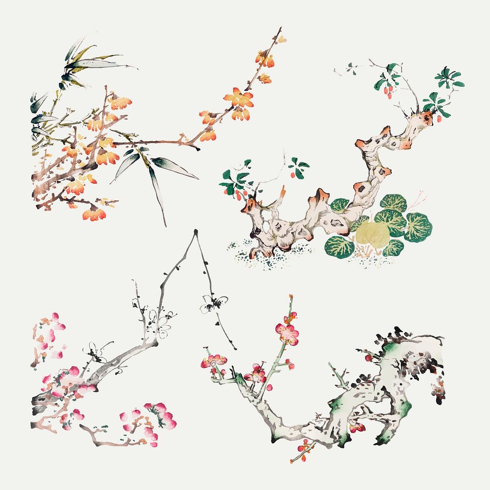 Vintage botanical element vector art print set, remixed from artworks by Hu Zhengyan