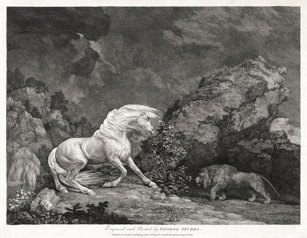 A Horse Affrighted by a Lion (1777) print in high resolution by George Stubbs. Original from The Yale University Art…