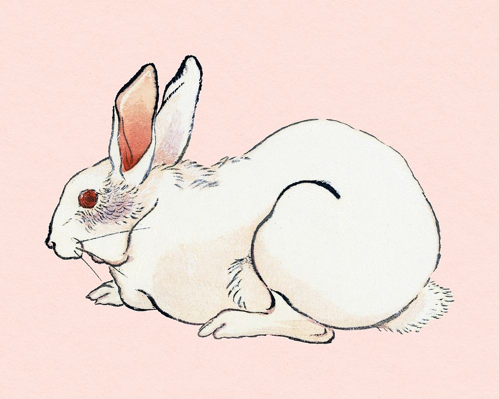 Vintage rabbit illustration, remixed from woodblock print artworks by Ogata Gekko