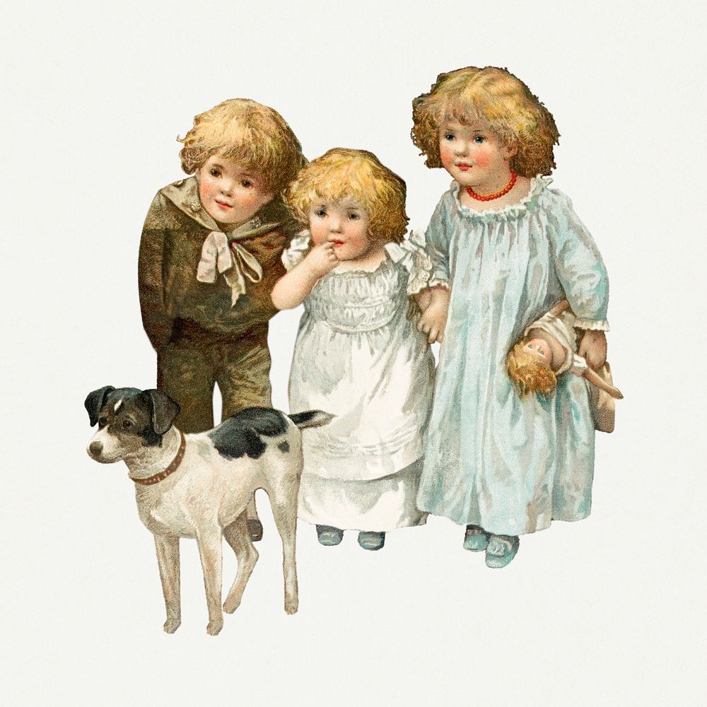 Vintage hand drawn children and dog illustration